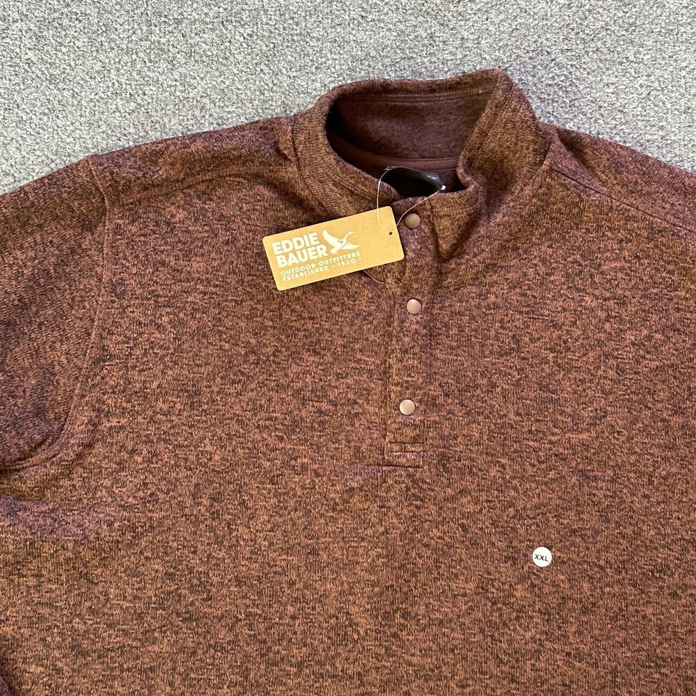Eddie Bauer Pullover Mens 2XL Brown Radiator Fleece Snap Mock 2 Hiking Top